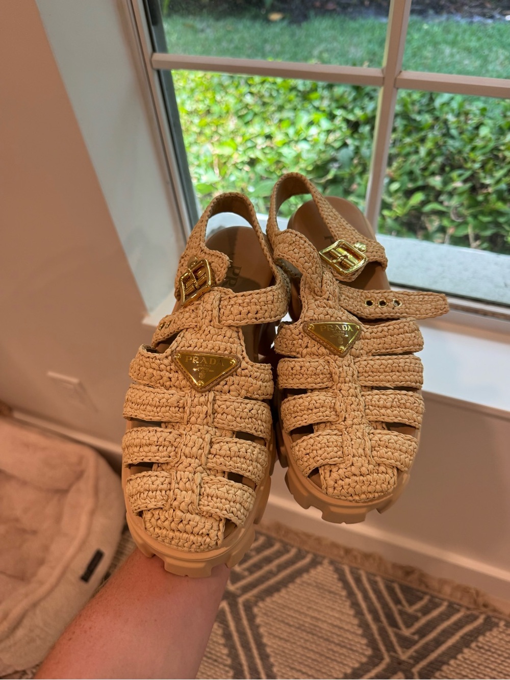 Prada Kids Woven Beige Fisherman Sandals with Gold Hardware